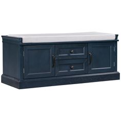 a large blue cabinet with two drawers and a white cushion on the bottom shelf, against a white background