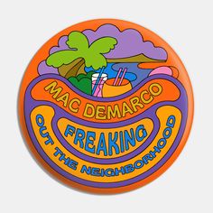 an orange and purple sticker with the words mac demaro's logo