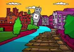 an image of a robot that is floating in the air over some water and buildings