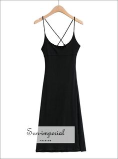 Black Criss Cross back Ribbed Cami Strap Midi Dress with High front Split detail Basic style Casual Black Backless Maxi Dress, Imperial Fashion, High Street Fashion, How To Measure, High Fashion Street Style, Solid Dress, Mid Calf, Criss Cross, Street Fashion