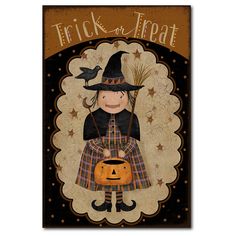 a trick or treat banner with a scarecrow holding a pumpkin