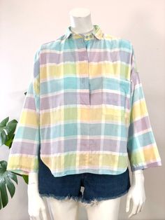 vintage boxy cut, loose fit pastel Madras plaid pullover blouse Velcro & button closures, oversized breast pocket & shirt tails 'Cotton Fields' made in India 100% cotton tag size S, fits modern small/medium 48 inch bust 42 inch waist 25 inch length excellent condition, no marks or flaws visible Oversized Plaid Blouse For Spring, Pastel Long Sleeve Cotton Tops, Retro Oversized Plaid Top, Oversized Plaid Top For Daywear, Loves Baby Soft, Vintage High Heels, Cotton Fields, Floral Peplum Top, Plaid Pullover