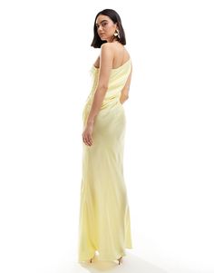 ASOS DESIGN satin one shoulder maxi dress with thigh split in lemon | ASOS One-shoulder Satin Maxi Dress With Side Slits, One Shoulder Satin Maxi Dress With Side Slits, One Shoulder Ruched Satin Maxi Dress, Yellow Off-shoulder Maxi Dress For Party, Fitted One Shoulder Summer Dress With Bias Cut, Fitted One Shoulder Dress With Bias Cut For Summer, Fitted Bias Cut One Shoulder Summer Dress, Summer One-shoulder Dress With Bias Cut, Fitted One Shoulder Satin Maxi Dress