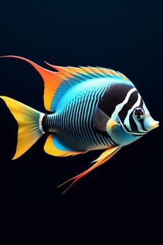 a blue and yellow fish swimming in the dark water with it's tail curled up