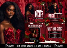 an ad for valentine's day featuring a woman in red with roses on it