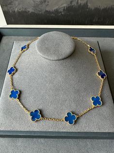 10 motifs blue agate 18k Gold Plated Four Leaf Clover Flower Style S 925 Silver Necklace 42cm long - ParadiseKissCo Sapphire Flower Necklace, Blue Clover Bracelet, Blue Flower-shaped Spring Jewelry, Elegant Blue Flower-shaped Necklace, Blue Flower-shaped Jewelry With Flower Charm, Clover Flower, Bangle Ring, Four Leaves, Silver 925 Necklace