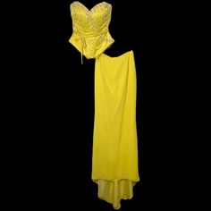 Prom Szn Is Right Around The Corner!!! Brand : Wow! Style : Prom / Gala / Formal Size : Top/Bottom Size 2 Fit : Top Is A Laced Shaping Corset And Can Adjust To Fit Bigger, Cup Size Could Fit A-D, Can Be Tied As Tight Or As Loose For Comfort Color : True Yellow Condition: Nwt Skirt Measurements : Front 42”, Skirt Train 53” *Obo Wow Dresses, Yellow Prom, 2 Piece Dress, Skirt Measurements, Comfort Color, Cup Size, Piece Dress, Favorite Color, Colorful Dresses