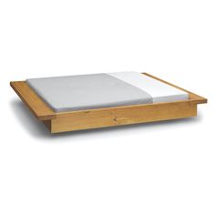 the bed frame is made out of wood and has two white sheets on top of it