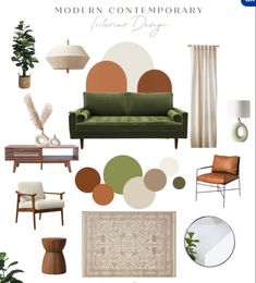 an interior design board with furniture and decor items in shades of green, brown, beige, and white