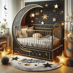 a baby crib with stars and moon decorations