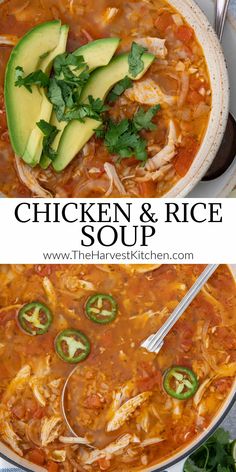 chicken and rice soup with avocado on top