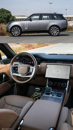 the inside and outside view of a car with dashboard, steering wheel and dash board