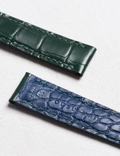 Leather watch strap in Matte green alligator, hand-stitched, bleu alligator lining Luxury Green Watch With Leather Strap, Luxury Leather Strap Watch Bands For Business, Luxury Leather Watch Bands, Luxury Green Watch Band For Formal Occasion, Luxury Green Watch Accessories With Leather Strap, Luxury Green Watch Bands For Formal Occasions, Luxury Leather Bracelet Strap Watch Bands, Luxury Business Watch Band With Bracelet Strap, Matte Green