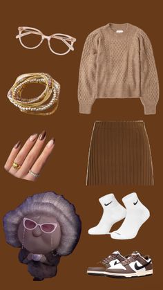 a woman's outfit and accessories are arranged on a brown background