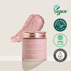 MARY & MAY Rose Hyaluronic Hydra Wash Off Pack jar with a swipe of rose clay mask, vegan and clean beauty certifications clearly visible. Fig Fruit, Collagen Serum, Mask Pack, Vegan Clean, Damask Rose, French Rose, Beauty Mask, Affordable Skin Care, Effective Skin Care Products