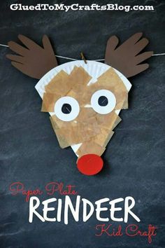 a paper plate reindeer head hanging from a string on a chalkboard background with red nose and antlers