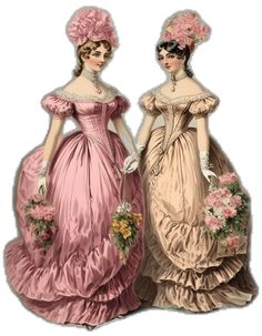 two women in dresses with flowers on their heads and one wearing a pink dress, the other beige