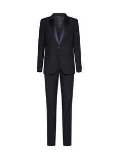 87% Virgin wool, 10% Silk, 3% Polyester Wool Tuxedo For Business In Winter, Fitted Wool Suits For Evening, Fitted Wool Suit For Evening, Winter Business Wool Tuxedo, Designer Black Wool Suit, Tailored Wool Tuxedo For Winter, Winter Wool Tuxedo With Notch Lapel, Classic Winter Evening Suit, Winter Evening Wool Suits