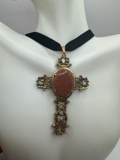 Vintage Goldstone choker gold fill necklace Vintage Deco cross choker  Over 3 inch long Can be Hung on a chain  All jewelry is shipped free in the US in a nice gift box.   Check out our over a THOUSAND great reviews Gold Spiritual Pendant Choker, Spiritual Gold Pendant Choker, Elegant Cross Choker Necklace As Gift, Elegant Cross Choker Necklace Gift, Elegant Cross Choker As A Gift, Gold Cross Pendant Jewelry For Party, Gold Cross Necklace For Party, Adjustable Cross Choker For Gifts, Cross Choker