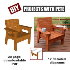 a wooden chair and table on a deck with the instructions for how to build it