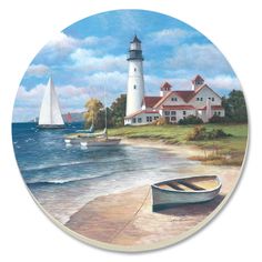 a painting of a lighthouse and boats on the beach