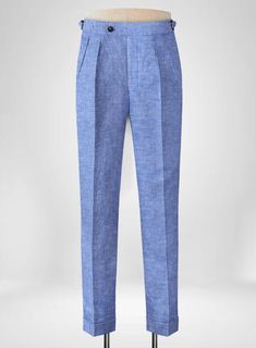 Ooze an effortless, cool style with our standout Italian Nile Blue Linen Highland Trousers. Crafted from pure linen, the versatile linen pants in blue are ideal for making an elegant impression at formal occasions.   
 
 Look Includes   Italian Nile Blue     Linen  Fabric  Cross Pocket  Forward 2 Pleats  Side Tabs (No Loops)- Arrow Shape  Bottom Cuff (1.5")  Two Welted Back Pockets on Trousers   You can change the look during customization if required. 
 
 Lining: Viscose, Dry Clean. Lavender Suit, White Linen Suit, Harris Tweed Fabric, Light Grey Suits, Fabric Cross, Italian Suit, Scottish Fashion, Paisley Shirt, Linen Suits