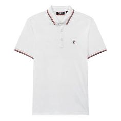 FILA Logo Solid Color Sports Short Sleeve Knitted Polo Shirt For Men White F11M021121G-WT (Men's) Sporty White Polo Shirt With Ribbed Collar, Classic White Sports Top, White Casual Polo Shirt With Ribbed Collar, White Polo Shirt With Ribbed Collar, White Crew Neck Polo Shirt With Ribbed Collar, White Ribbed Collar Crew Neck Polo Shirt, White Cotton Polo Shirt For Sports, White T Shirt Men, Knitted Polo Shirt