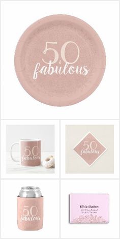 some pink and white items with the words 50 fabulouss written on them, including coffee mug