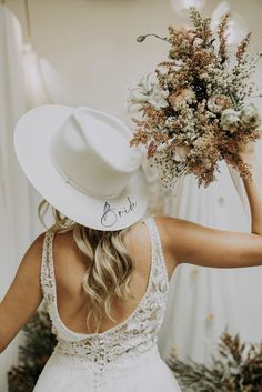 Personalized bridal hat in White Wedding Redo, Western Bride, Bridal Hats, Hat With Flowers, Tan Hat, Bridal Hat