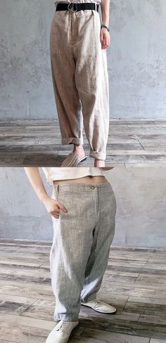 Khaki Linen Summer Autumn Women Casual Pants Casual Flax Bottoms For Summer, Casual Summer Flax Bottoms, Casual Summer Bottoms In Flax, Summer Ramie Bottoms, Casual Ramie Bottoms With Relaxed Fit, Comfortable Loose Fit Linen Harem Pants, Casual Flax Relaxed Fit Pants, Comfortable Linen Harem Pants For Spring, Casual Relaxed Fit Flax Pants