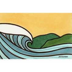 a drawing of waves in the ocean with yellow sky and clouds behind them, as well as green hills