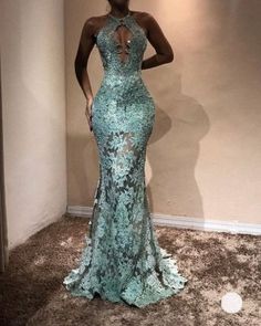 Halter Sleeveless Mermaid Prom Dresses | Lace Appliques Long Evening Gowns | Yesbabyonline.com