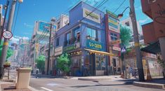 an animated city street scene with buildings and signs