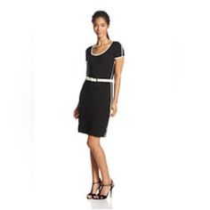 Calvin Klein Women’s Belted Color-Block Dress Size: 14 Black With W/White Belt. White Piping Down Side. Calvin Klein Black Knee-length Dress, Black Summer Dress With Contrast Trim, Black Fitted Dress With Contrast Trim, Fitted Black Dress With Contrast Trim, Black Dress With Contrast Trim, Calvin Klein Black Short Sleeve Dress, Chic Black Dress With Contrast Trim, Chic Black Dresses With Contrast Trim, Elegant Black Dress With Contrast Trim