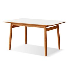 a wooden table with a white top and two leaves on the legs, against a white background