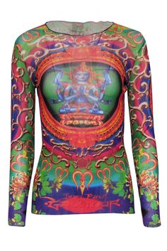 Current Boutique-Jean Paul Gaultier - Green & Multicolor Hindu Goddess Print Mesh Shirt Sz M Multicolor Printed Tops For Festival, Stretch Multicolor Top With Vibrant Print, Bohemian Multicolor Party Tops, Multicolor Stretch Top With Vibrant Print, Multicolor Sheer Top For Party, Fitted Graphic Print Top For Festival, Stretch Mesh Top With Graphic Print For Party, Fitted Multicolor Tops With Digital Print, Bohemian Fitted Tops With Vibrant Print