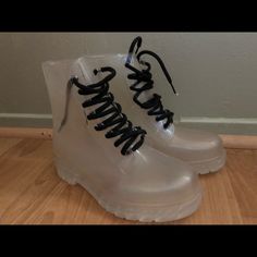 Rare Clear Boots With Black Laces. Size: 39 - (Fits A 7/12 Or 8) Runs A Little Small Sock In Picture Shows How Transparent It Will Look! Amazing Find. Never Worn- Slight Scruff And Shown In Image. White Gogo Boots, Transparent Boots, Clear Boots, White Combat Boots, Gore Tex Boots, Brown Combat Boots, Aldo Boots, Tory Burch Boots, Fur Snow Boots