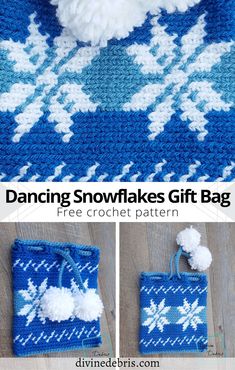 a crocheted snowflakes gift bag with pom poms on it