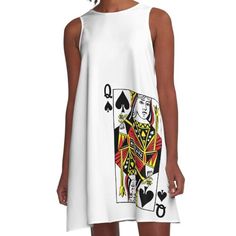 a women's white dress with an image of a queen of spades on it