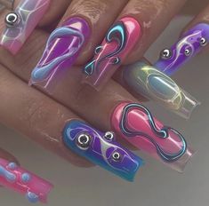 Futuristic Gel Nails, Edc Nail Ideas, Short Cyberpunk Nails, Ashnikko Nails, Sci Fi Nails, Intergalactic Nails, Trippy Nail Ideas, Nail Designs Pink And Purple, Heat Map Nails