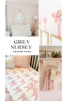 the girly nursery is filled with pink and white accessories, such as dresses, pillows, wall hangings