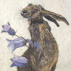 a drawing of a brown rabbit with purple flowers