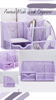 the desk organizer is purple and white