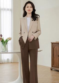 Indulge in luxury with our Clara Color Match Double Breasted Blazer Wide Pants Suit Two-Piece Set. This elegant set features a feminine silhouette, with a sophisticated double-breasted blazer and wide-leg pants. Perfect for business or special occasions, this set is the epitome of high-end fashion. Blazer: Double Breasted closure Notched lapels Long sleeves Front flap pockets Pants Zip fly with button closure Side slant pockets Regular length - Polyester, spandex- Item #432703- Women's blazer & pants suit two-piece set SIZE INFO XS=US2=UK6=EU32 S=US4-6=UK8-10=EU34-36 M=US8-10=UK12-14=EU38-40 ★★Please advise your Height and Weight, I will make sure you choose the right size. Pockets Pants, Elegant Sets, Pants Suit, Feminine Silhouette, Breasted Blazer, Wide Pants, Double Breasted Blazer, Dress Pant, Pocket Pants