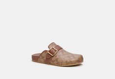 Brown Casual Slip-on Clogs, Classic Brown Slip-on Clogs, Brown Leather Slip-on Clogs, Brown Leather Non-slip Clogs, Brown Clogs With Buckle Closure, Medium Width, Sandals For Men, Clog Sandals, Coach Outlet, Signature Canvas