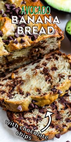 chocolate chip avocado banana bread is cut in half and stacked on top of each other