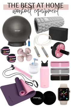 the best at home workout equipment for women in pink and black, including an exercise ball, yoga mat, water bottle, headphones, earbuds, wristbands