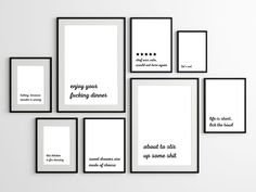 six black and white frames with different quotes on them