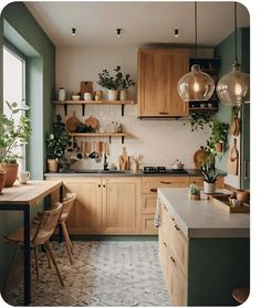 a kitchen filled with lots of wooden cabinets and counter top next to a dining room table