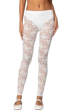 These lacy legging are soft and stretchy and add floral charm to any outfit. 95% polyester, 5% spandex Machine wash, dry flat Imported White Stretch Footless Tights, Spring Lace Stretch Tights, White Stretch Tights, White Footless Legwear For Spring, Stretch Lace Bottoms For Loungewear, Stretch Lace Full-length Pants, Full-length Lace Bottoms With Stretch, Full Length Lace Bottoms With Stretch, Elegant White Stretch Legwear